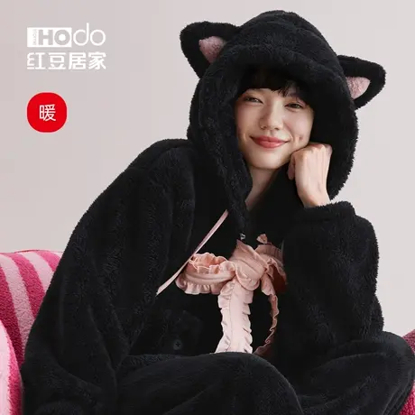 红豆居家女士睡衣套头猫系可爱家居服套装秋冬季珊瑚绒保暖加厚女商品大图