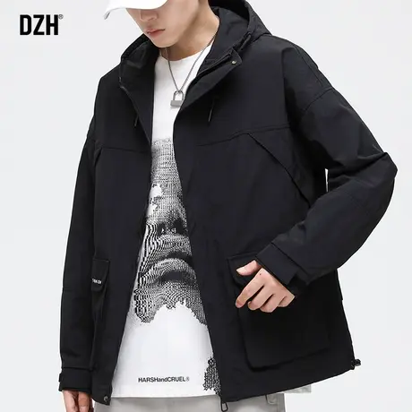 男士黑色冲锋衣外套男防风防水春秋款2023年新款工装连帽夹克潮牌商品大图