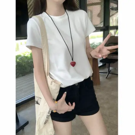 白色韩系正肩短袖t恤女2025夏季新款纯色圆领宽松显瘦百搭上衣ins图片