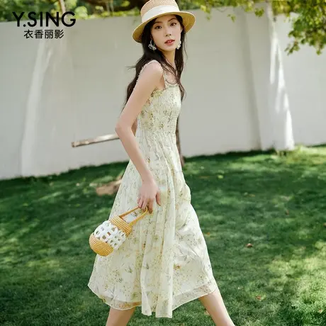 【直播】绿色碎花背带连衣裙女2025今年夏装新款法式方领裙子图片