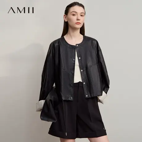Amii【小香风PU皮衣】25秋复古小香风袖口拼接撞色PU皮衣外套女商品大图