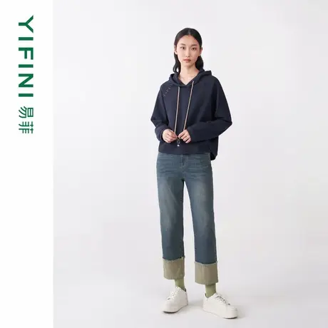 [专柜同款]Yifini/易菲宽松短款连帽百搭卫衣女春秋新款上衣商品大图