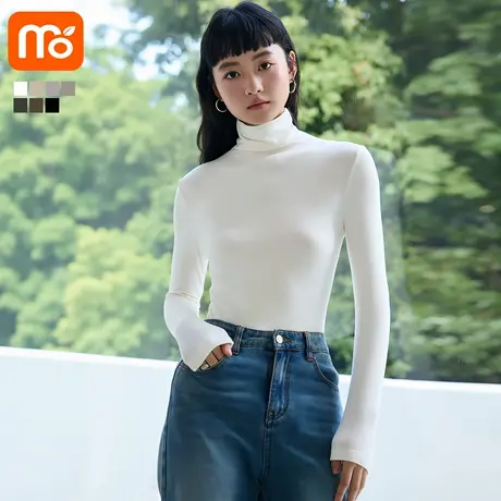 高领打底衫女内搭2025新款白色长袖秋季修身含羊毛天丝堆堆领上衣商品大图