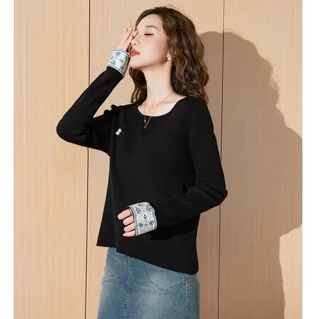 唐狮2024秋冬新款女毛织圆领新中式拼接打底衫宽松潮流时尚内搭商品大图