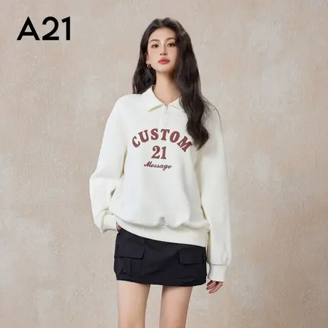 A21女装宽松翻领落肩卫衣春秋季英文印花半拉链休闲百搭POLO衫女商品大图