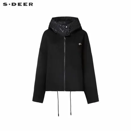 sdeer圣迪奥冬季女装高领连帽格子胸针羽绒毛呢夹克S24482206商品大图