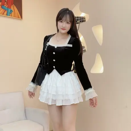 法式高级丝绒衬衫女短款春秋气质小个子黑色方领复古长袖上衣商品大图
