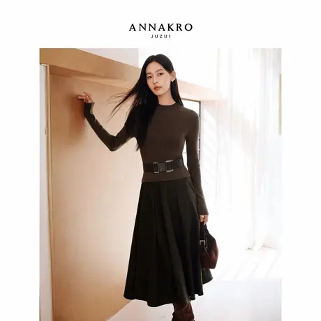 玖姿安娜蔻迪木尔风针梭拼接假两件半高领连衣裙女2025冬季新款图片