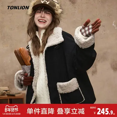 唐狮2026春季新款外套女翻领灯芯绒拼接仿羊羔毛外套超好看爆款图片