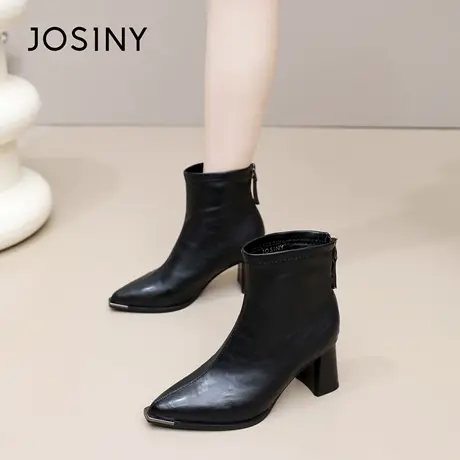 卓诗尼2025秋冬新款时尚尖头粗跟短靴女粗跟尖头高跟弹力瘦瘦靴女图片