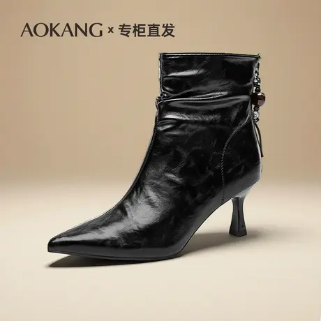 奥康2025冬季新款御姐堆堆靴细跟尖头女士高跟气场短靴法式小踝靴商品大图
