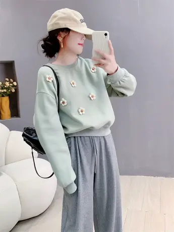 学院风立体花朵圆领卫衣女套头2023年新款早秋宽松洋气设计感上衣商品大图