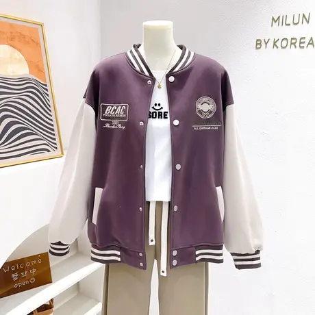 2023秋冬款外套夹克韩代同款复古美式字母重工刺绣立领棒球服宽松商品大图
