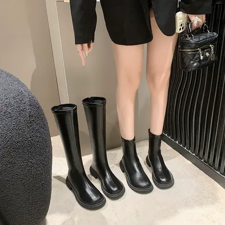 法式炸街ins靴子女长筒靴2023冬季粗跟洋气长筒靴配裙子不过膝靴图片