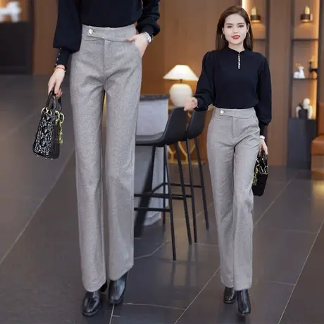 毛呢西装裤女2023秋冬加绒加厚垂感显瘦阔腿裤灰色窄版直筒休闲裤图片