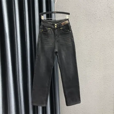 秋冬新款黑色加绒保暖直筒裤女个贴性布高腰百搭牛仔阔脚拖地长裤商品大图