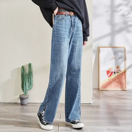 唐狮春夏季新款牛仔裤女阔腿裤宽松高腰显瘦开叉时尚复古裤子女商品大图