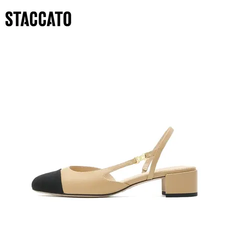 思加图新款小香风通勤圆头拼色凉鞋粗跟凉鞋女鞋EDQ02AH2商品大图