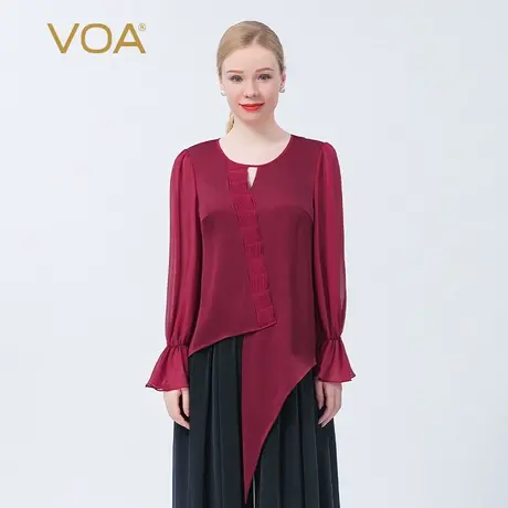 VOA100%真丝40姆米双面缎浮红流丹圆领喇叭袖不对称长袖桑蚕丝T恤图片