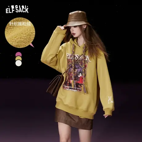 妖精的口袋宽松连帽卫衣女2023冬季新款印花摇粒绒小个子宽松上衣商品大图