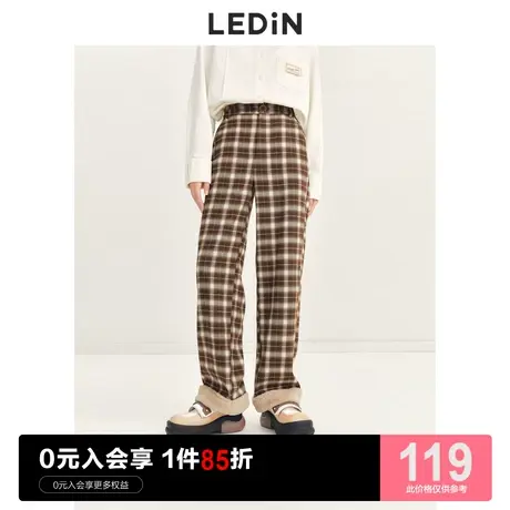 乐町拼接格纹加厚休闲裤休闲冬季款复古设计感潮流宽松磨毛阔腿裤商品大图