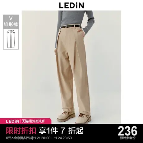 乐町休闲锥形裤女2023年秋冬新款卡其色立体单褶萝卜裤显瘦休闲裤商品大图
