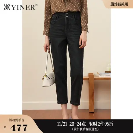 YINER音儿女装冬季复古水洗黑色铅笔牛仔长裤商品大图