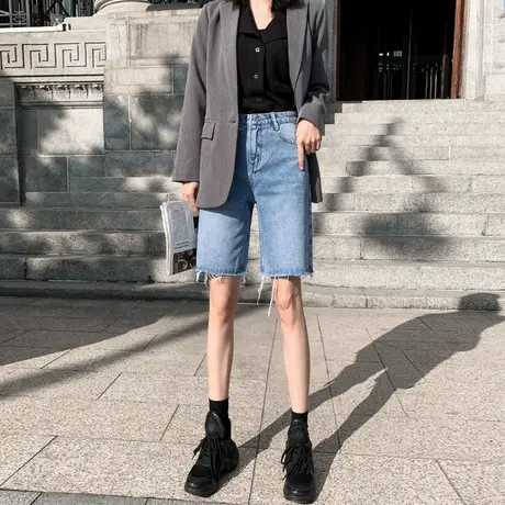 直筒牛仔裤女五分裤高腰宽松2023款港味显瘦四分中裤5分短裤潮图片