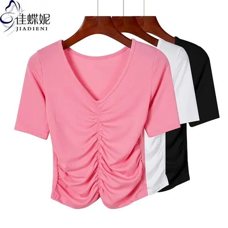 夏季新款韩版纯棉V领褶皱纯色简约修身显瘦短款短袖体恤上衣女装商品大图