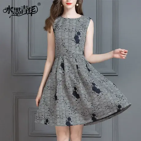 【1件7.9折】秋装新款时尚女装圆领无袖裙百搭修身显瘦提花连衣裙商品大图