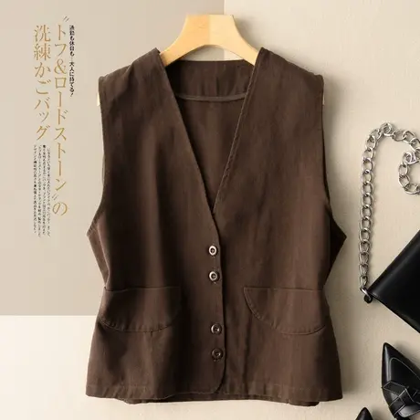 全棉马甲背心大口袋文艺复古休闲马夹春秋外搭上衣女纯色2022新款图片