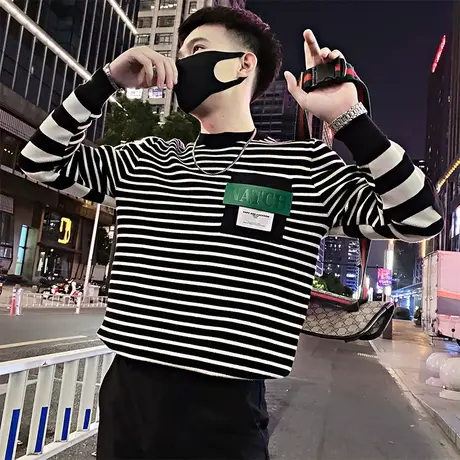 秋冬季条纹毛衣潮牌上衣内搭2024新款线衣男装学生长袖针织打底衫商品大图