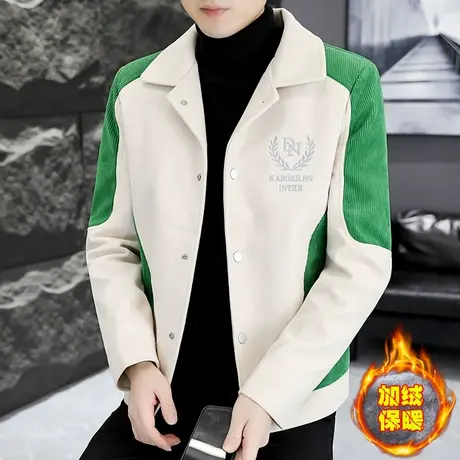 外套男款冬季加绒加厚潮牌撞色灯芯绒夹克翻领刺绣痞帅气保暖褂子商品大图