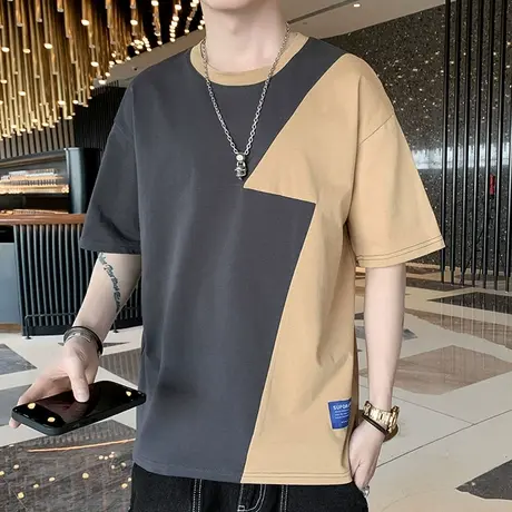 夏季男士潮牌拼接短袖t恤薄款2023新款潮流棉感半袖体恤夏天上衣商品大图