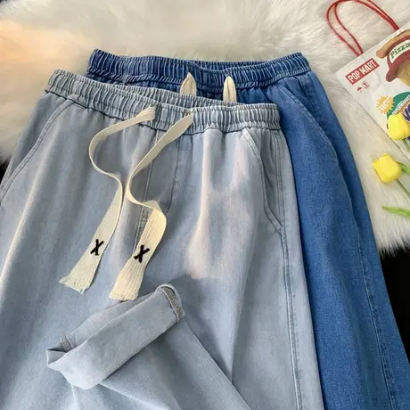 牛仔裤男春季直筒裤宽松ins潮牌百搭高街港风复古编织抽绳长裤子商品大图