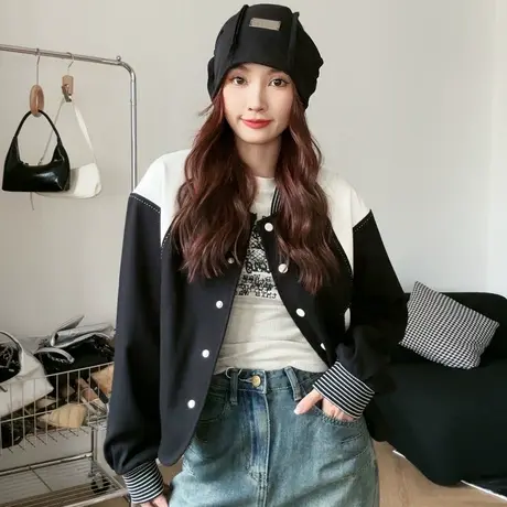 尔给拼色vintage美式棒球服夹克女2023年新款秋季小个子百搭外套商品大图