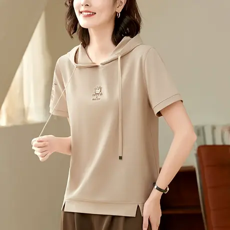 休闲短袖t恤女士夏装2023年新款时尚刺绣宽松上衣大码连帽体恤衫商品大图