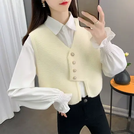 洋气v领针织马甲女秋季2023新款女装设计感短款马夹针织衫上衣女图片