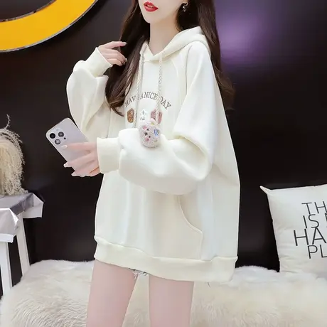 加绒加厚连帽卫衣外套女2024新款春季爆款洋气减龄宽松设计感上衣商品大图