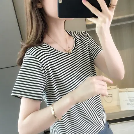 短袖条纹t恤女士夏装新款百搭春秋短款韩风chic上衣打底衫内搭商品大图