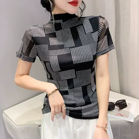 格子印花T恤女短袖网纱打底衫欧货2024新款设计感小众半高领上衣商品大图