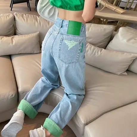 绿色破洞牛仔裤女春秋季2023新款高腰显瘦宽松直筒窄版阔腿长裤子商品大图