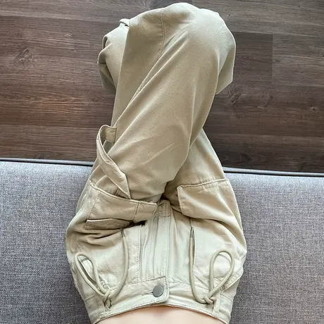 美式高腰直筒工装裤女秋季新款2024宽松显瘦多口袋抽绳阔腿休闲裤商品大图