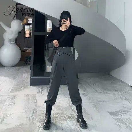 灰色哈伦裤女高腰垂感秋季韩版宽松显瘦百搭休闲设计感小脚萝卜裤商品大图