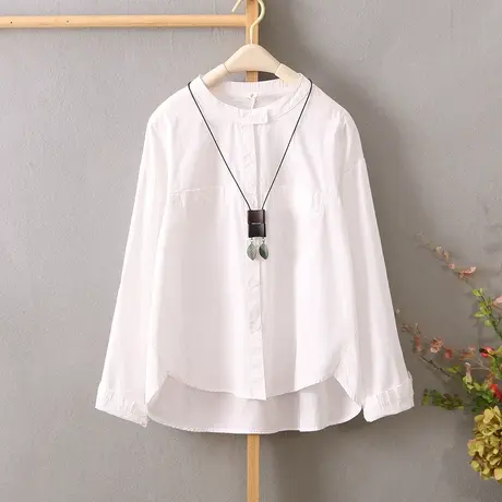 衬衫女韩版短款文艺小清新前短后长立领纯棉白衬衣长袖宽松打底衫商品大图