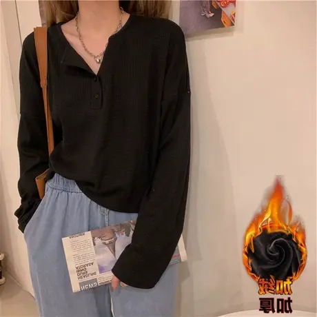 长袖开领T恤女2024春秋新款大码胖mm宽松百搭上衣内搭打底衫ins潮商品大图