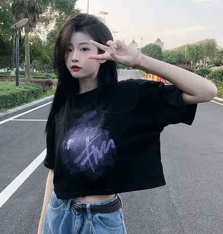 短款t恤女2024夏季新款短袖宽松设计感小众辣妹露脐别致高腰上衣图片