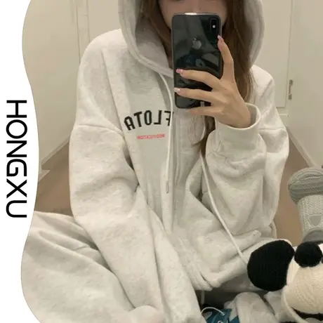 红续新款简约印花拉链外套oversize宽松显瘦百搭抽绳连帽上衣开衫图片