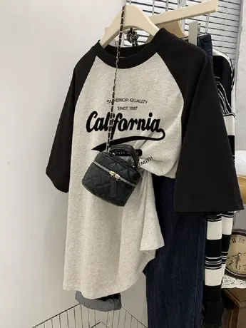 复古设计感插肩袖上衣ins潮大码oversize纯棉撞色闺蜜装t恤短袖女商品大图