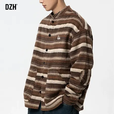 男士美式复古毛呢外套男短款秋季2023年新款休闲条纹上衣立领夹克商品大图